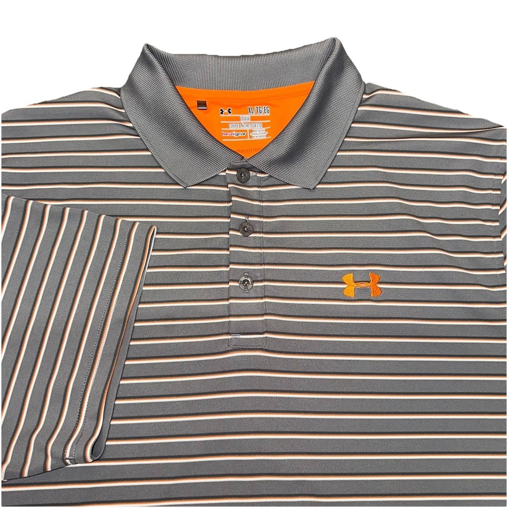 Under Armour Heat Gear Loose Short Sleeve Button Up Polo Gray Stripe Men's XL
